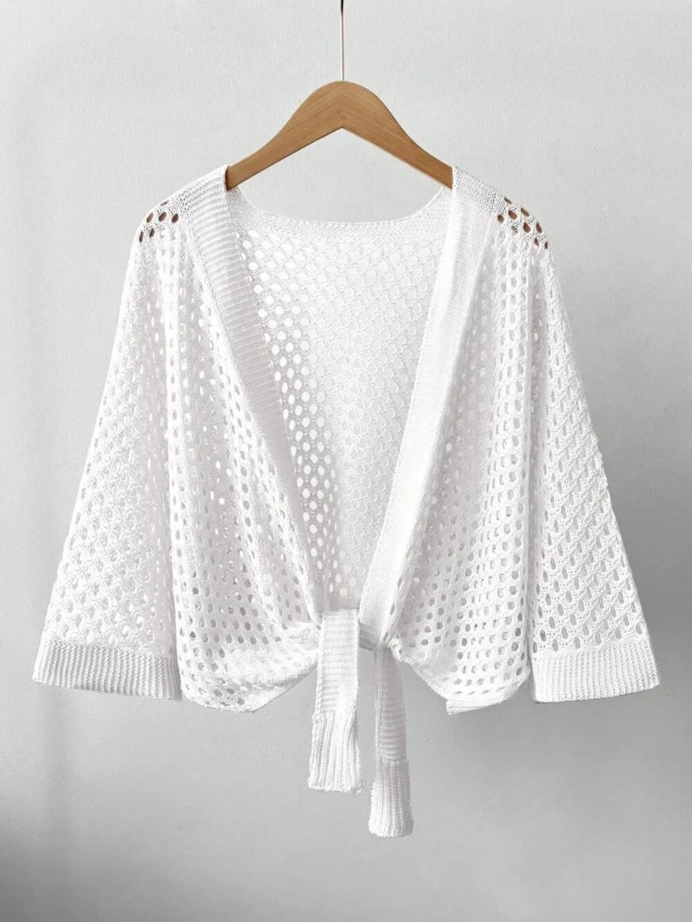 White Casual Women's Hollow V-Neck Tie Front Loose Versatile Sexy Cardigan